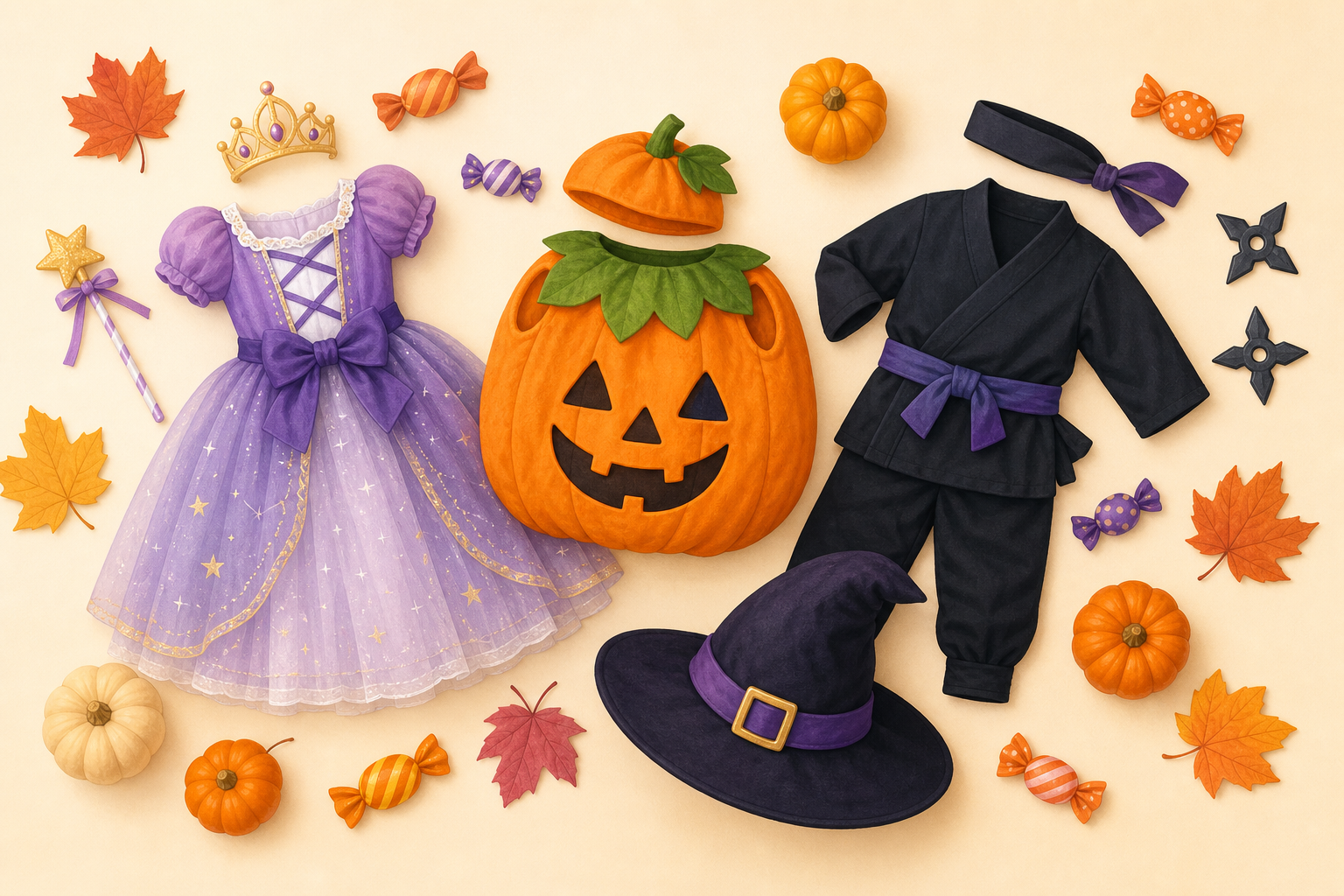 子供のハロウィン仮装のイメージ（プリンセス・かぼちゃ・魔女・忍者などのモチーフ）