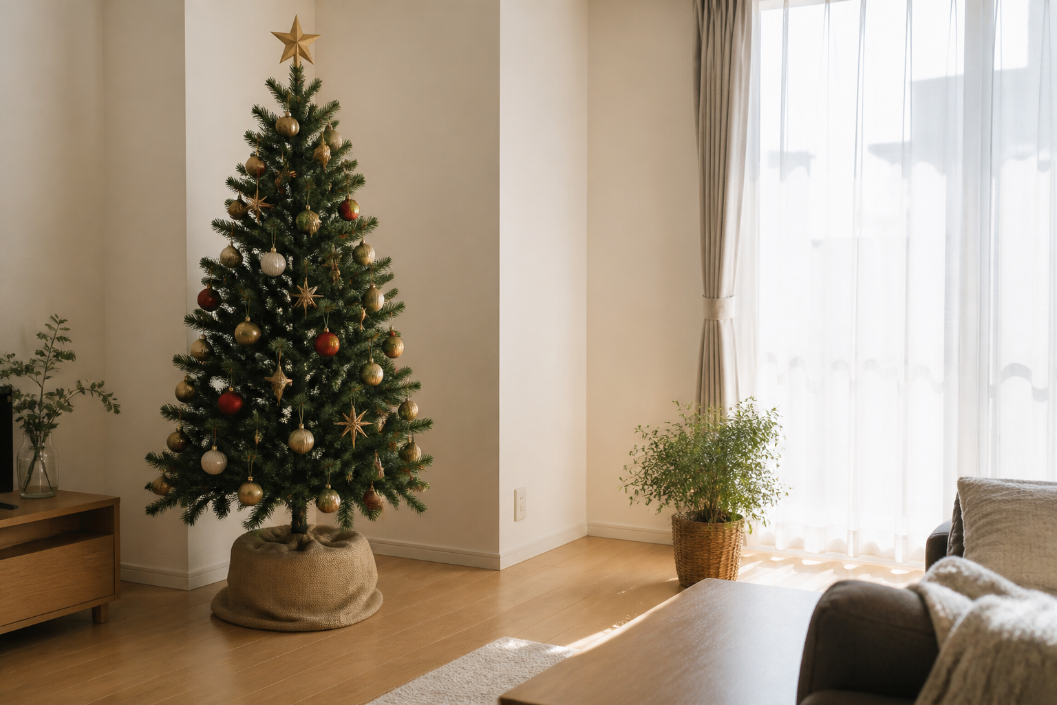 リビングの壁際に置かれた150cm前後のクリスマスツリー。足元のスタンドと床の占有面積が見える