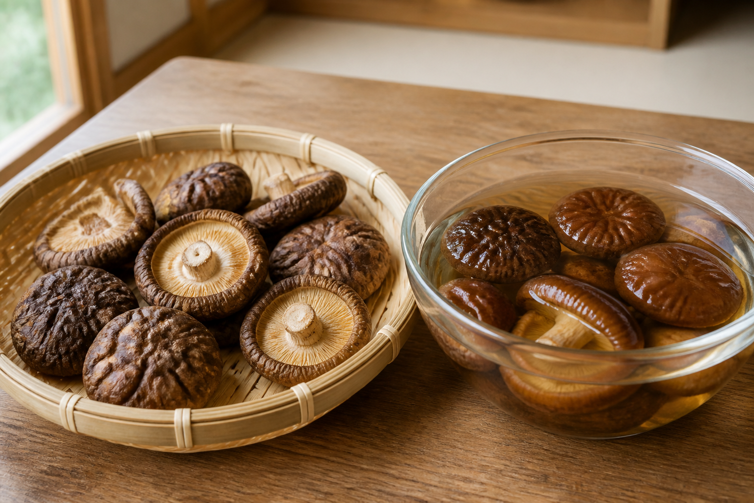 竹ざるに並べた肉厚の干し椎茸と、その横のガラスの器で水に戻している椎茸