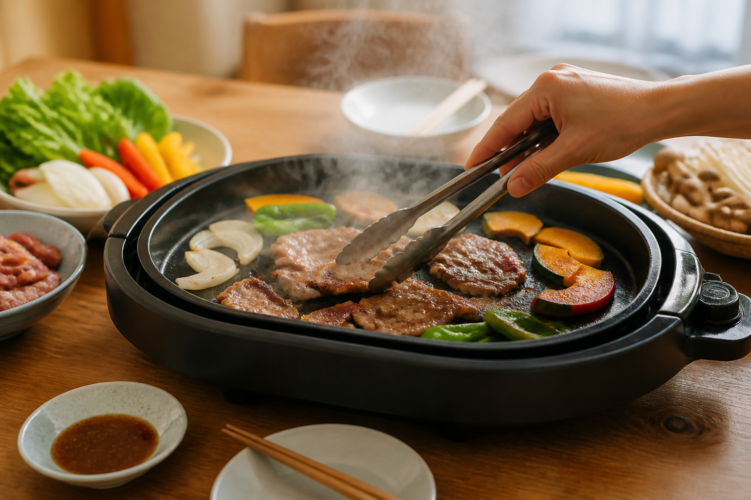 食卓のホットプレートで肉と野菜を焼いているところ。トングで食材を返している