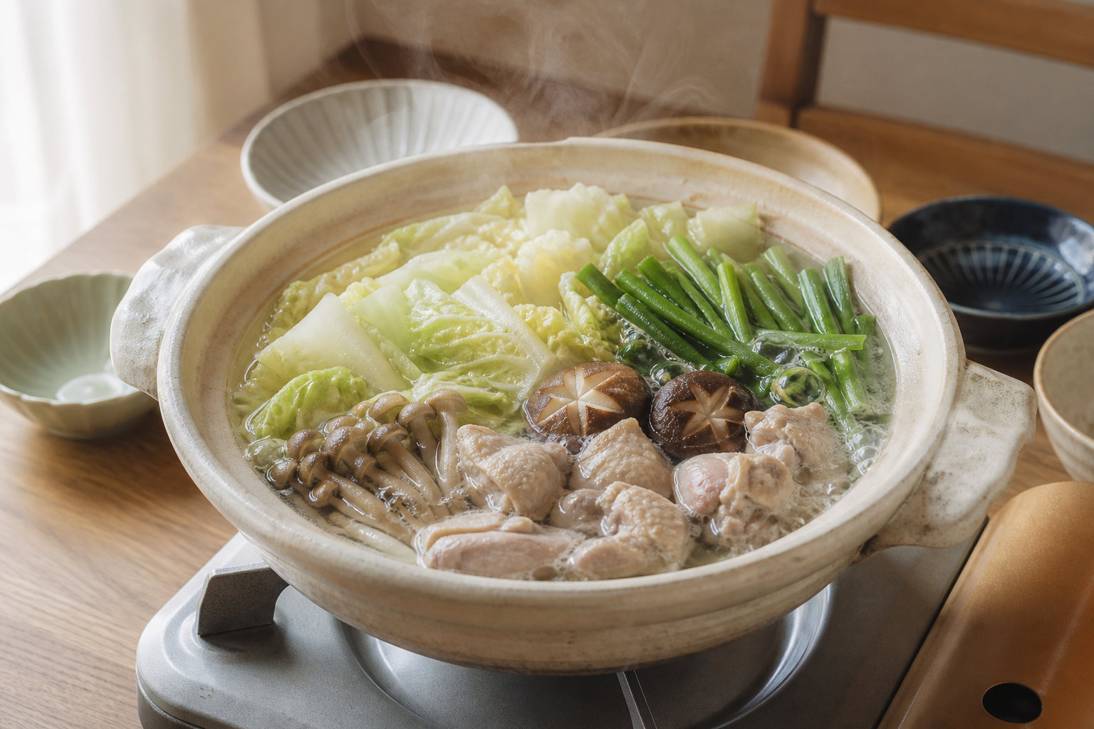 食卓のカセットコンロにかけた土鍋。白菜・ねぎ・きのこ・鶏肉が煮えて湯気が立っている