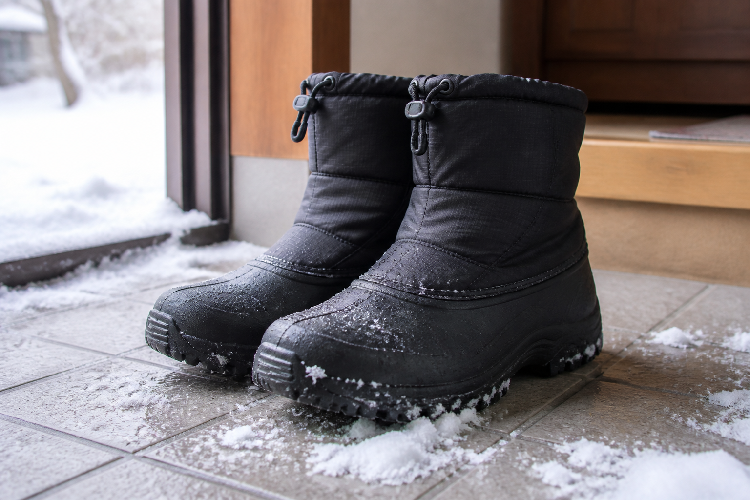 雪の吹き込んだ玄関のたたきに置かれた黒いスノーブーツ一足。ソールの深い溝が見える
